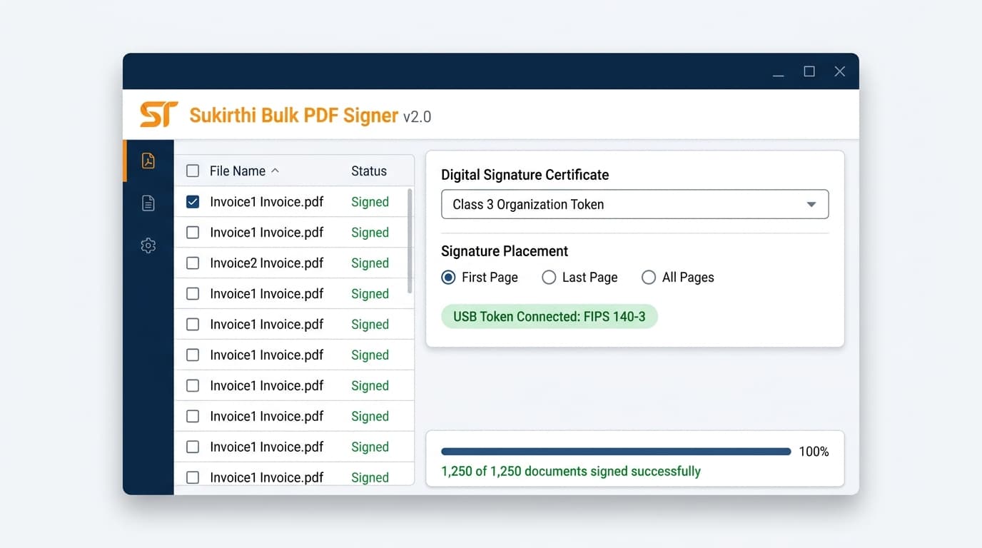 Sukirthi Bulk PDF Signer desktop application interface showing bulk document signing workflow